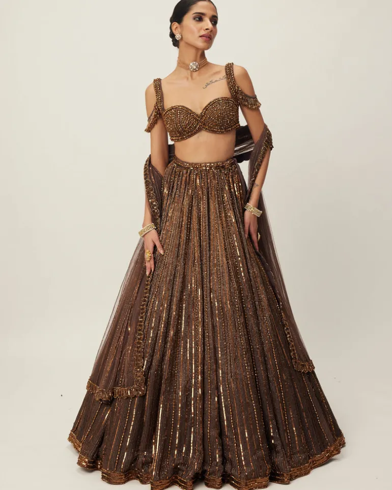 Copper Crystal Linear Embroidered Lehenga Set
