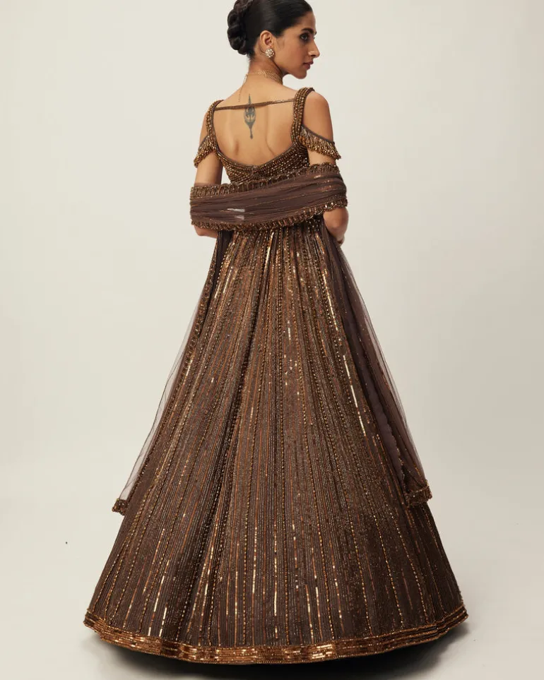 Copper Crystal Linear Embroidered Lehenga Set