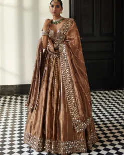 Copper Shimmer Organza Linear Lehenga Set