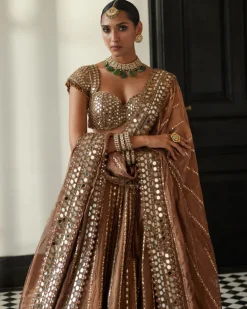 Copper Shimmer Organza Linear Lehenga Set