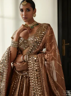 Copper Shimmer Organza Linear Lehenga Set