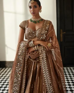 Copper Shimmer Organza Linear Lehenga Set