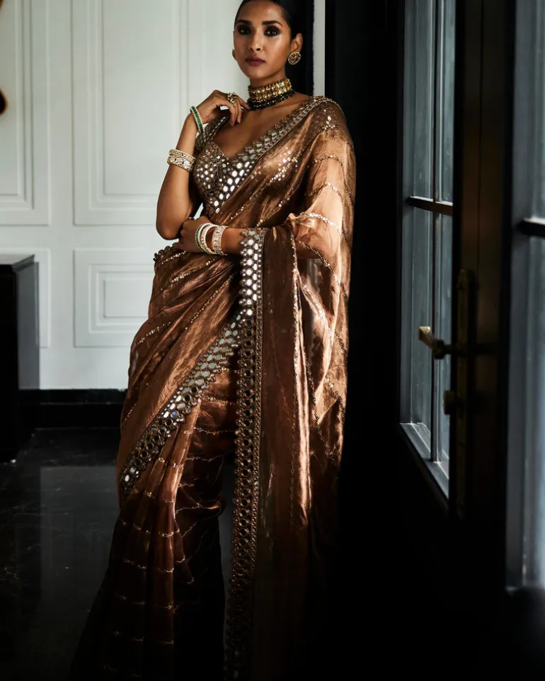 Copper Shimmer Organza Sari Set