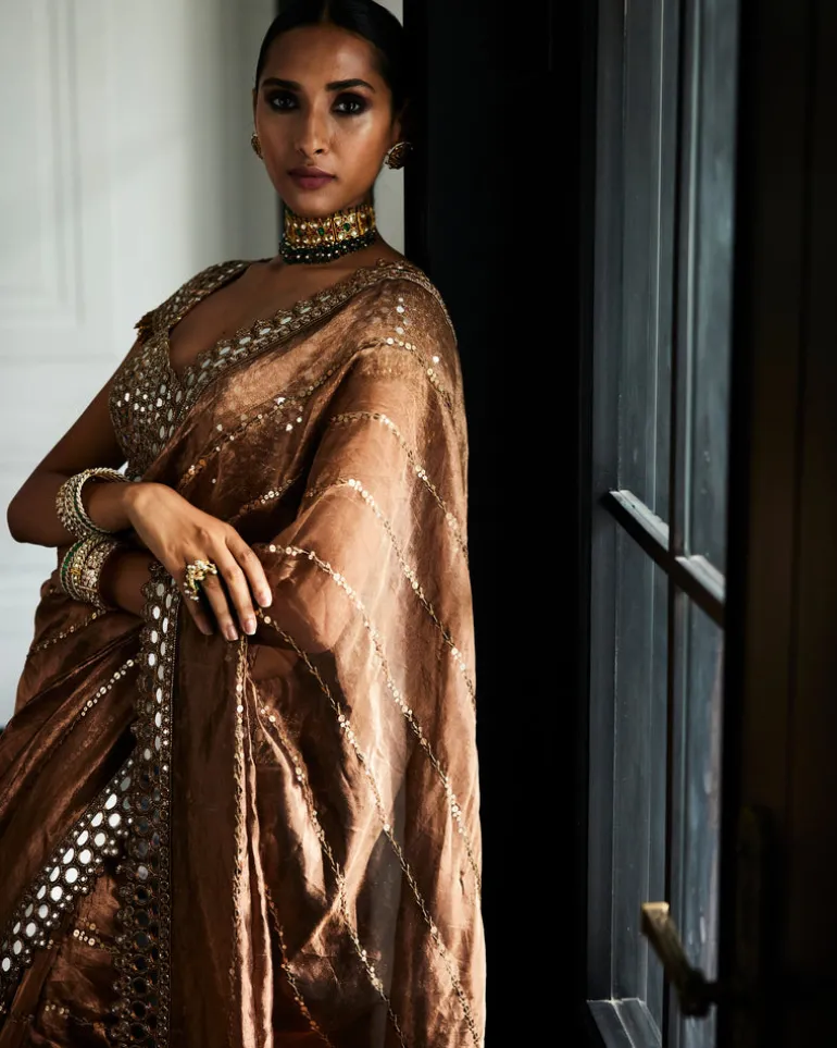 Copper Shimmer Organza Sari Set