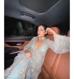 Coral Blue Embroidered Jacket And Pants Set