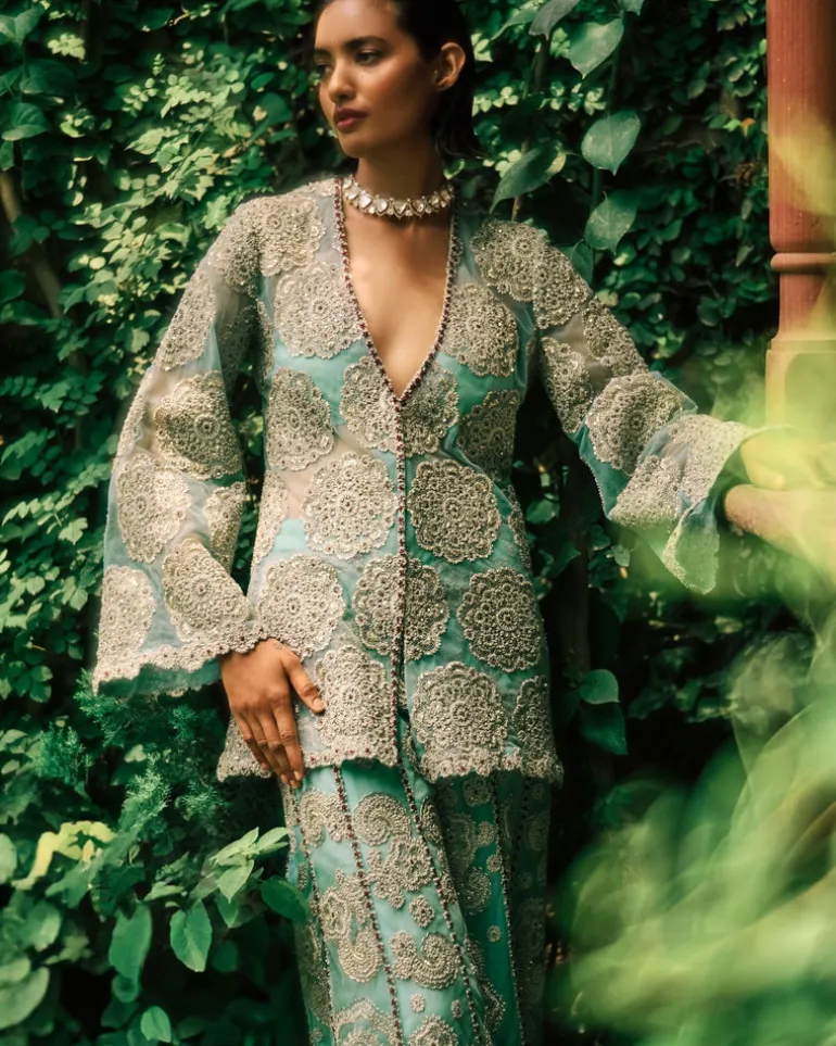 Coral Blue Embroidered Jacket And Pants Set