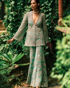 Coral Blue Embroidered Jacket And Pants Set
