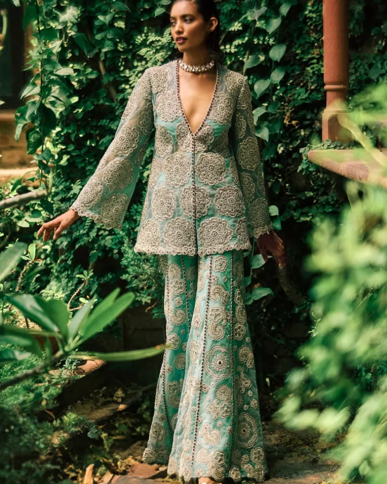 Coral Blue Embroidered Jacket And Pants Set