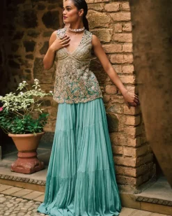 Coral Blue Embroidered Kurti Set
