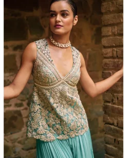 Coral Blue Embroidered Kurti Set