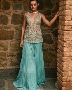 Coral Blue Embroidered Kurti Set