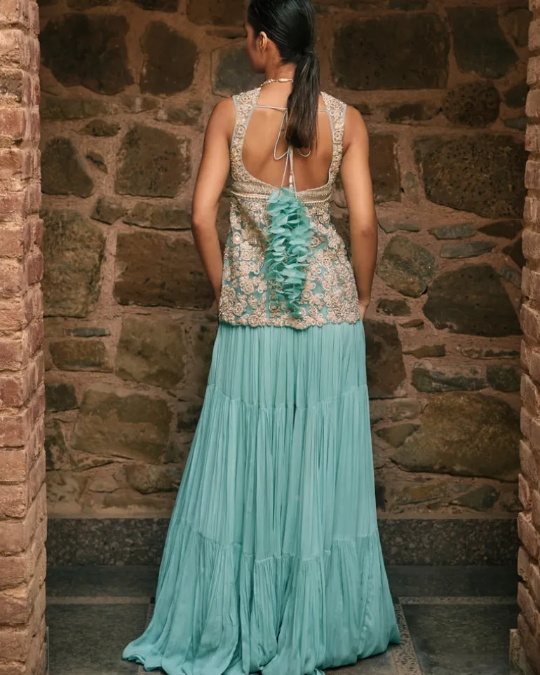 Coral Blue Embroidered Kurti Set