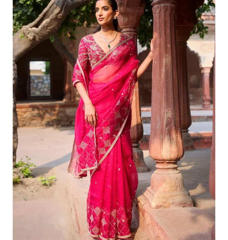 Cranberry Organza Sari Set