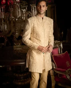 Cream Abstract Sherwani Set
