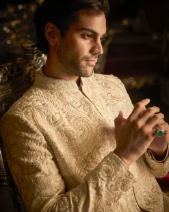 Cream Abstract Sherwani Set