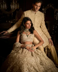 Cream Abstract Sherwani Set