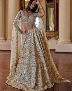 Cream And Green Highlighting Lehenga Set