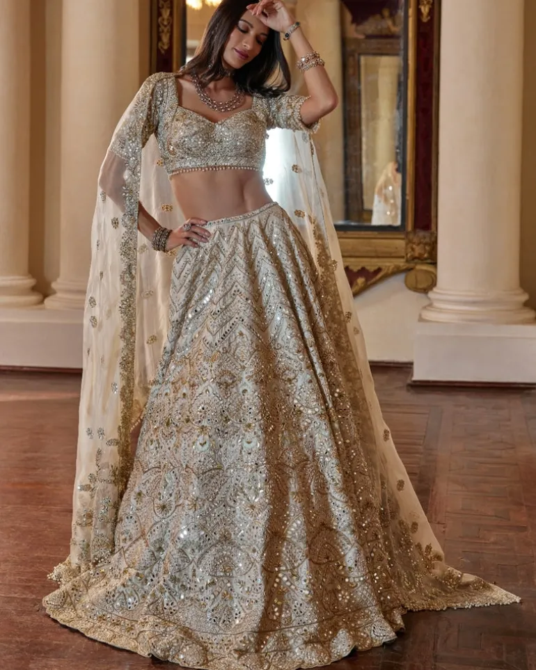 Cream And Green Highlighting Lehenga Set