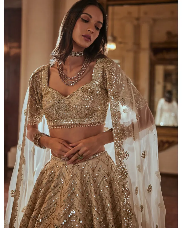 Cream And Green Highlighting Lehenga Set
