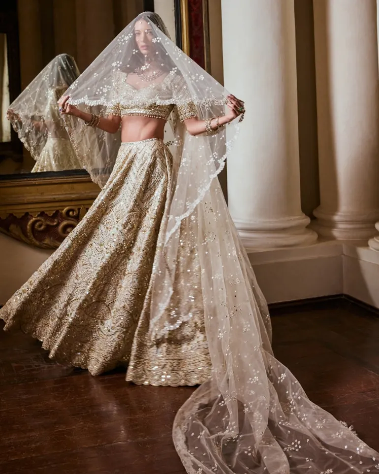 Cream And Green Highlighting Lehenga Set