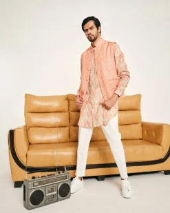 Cream and Peach Gul Malai Cotton Kurta Pajama Set