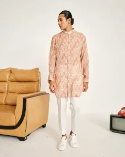 Cream and Peach Gul Malai Cotton Kurta Pajama Set