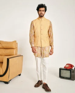 Cream and Yellow Gul Malai Cotton Kurta Pajama Set