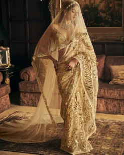 Cream Gold Mirror Work Sari Set