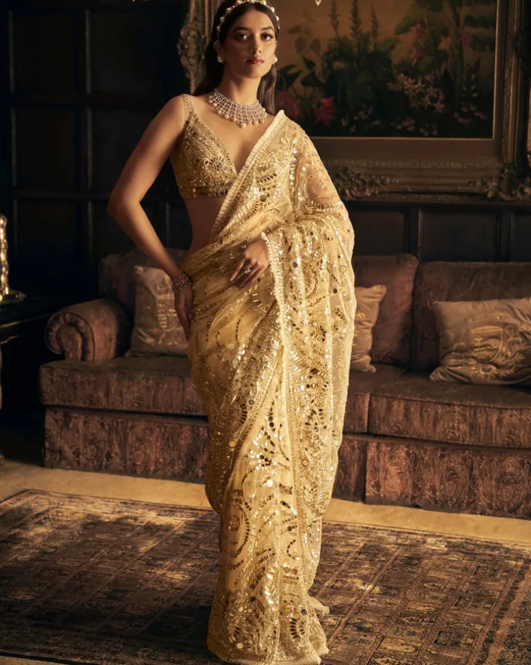 Cream Gold Mirror Work Sari Set