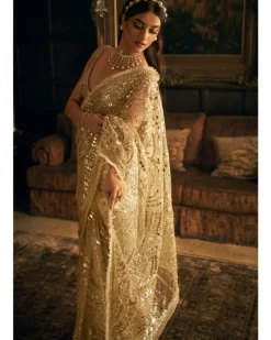 Cream Gold Mirror Work Sari Set