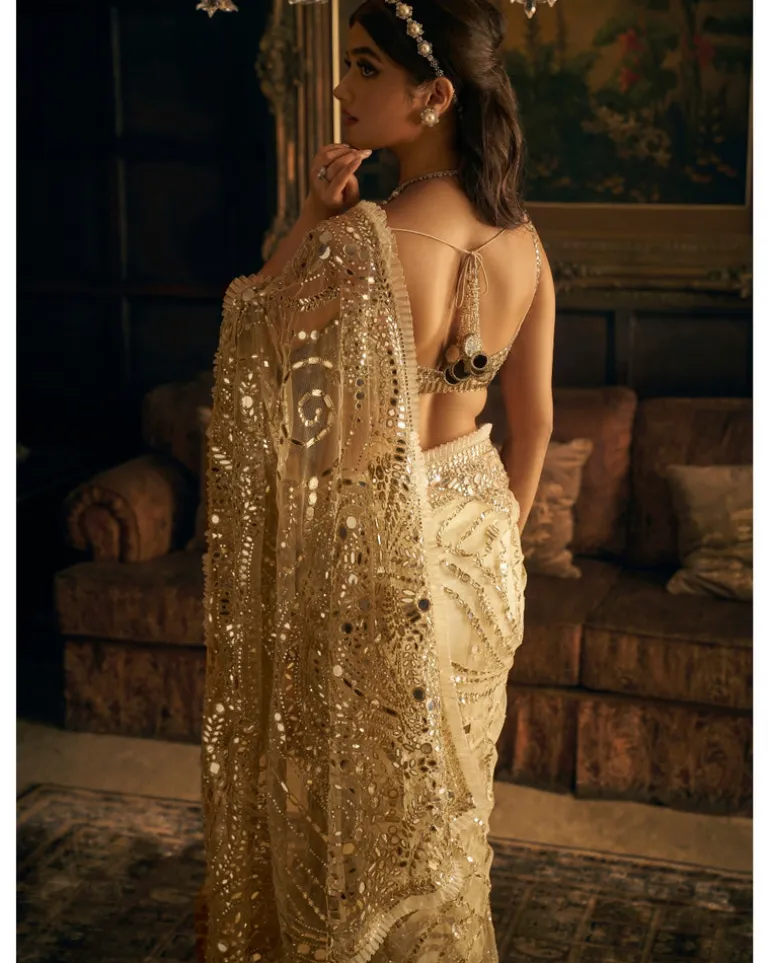 Cream Gold Mirror Work Sari Set
