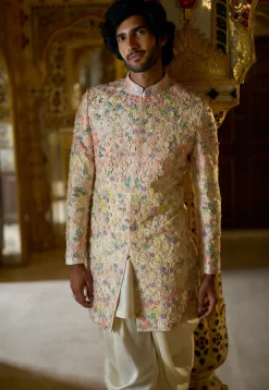 Cream Multi-Coloured Three- Dimensional Sherwani Set