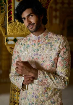Cream Multi-Coloured Three- Dimensional Sherwani Set