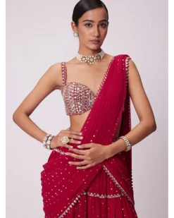 Crimson Red Multi- Tier Sequin Embroidered Sari Set
