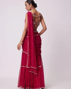 Crimson Red Multi- Tier Sequin Embroidered Sari Set