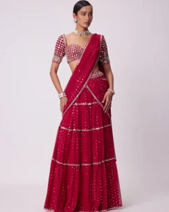 Crimson Red Multi- Tier Sequin Embroidered Sari Set