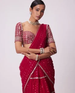 Crimson Red Multi- Tier Sequin Embroidered Sari Set