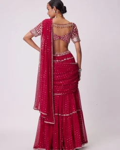 Crimson Red Multi- Tier Sequin Embroidered Sari Set