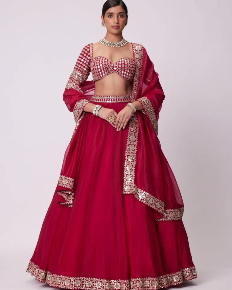 Crimson Red Organza Hand Embroidered Lehenga Set