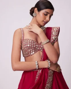 Crimson Red Organza Hand Embroidered Lehenga Set