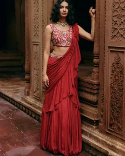 Crimson Red Ruffle Sari Set