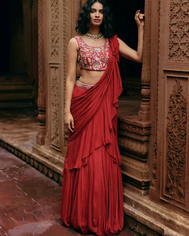 Crimson Red Ruffle Sari Set