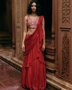 Crimson Red Ruffle Sari Set