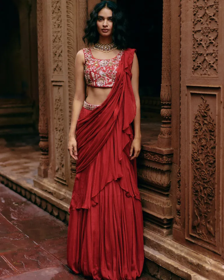 Crimson Red Ruffle Sari Set