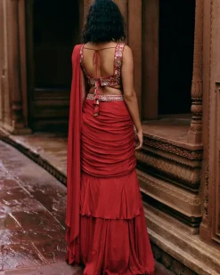 Crimson Red Ruffle Sari Set