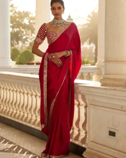 Crimson Red Satin Sari Set