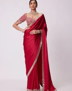 Crimson Red Satin Sari Set