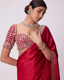 Crimson Red Satin Sari Set
