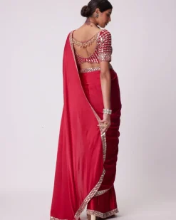 Crimson Red Satin Sari Set