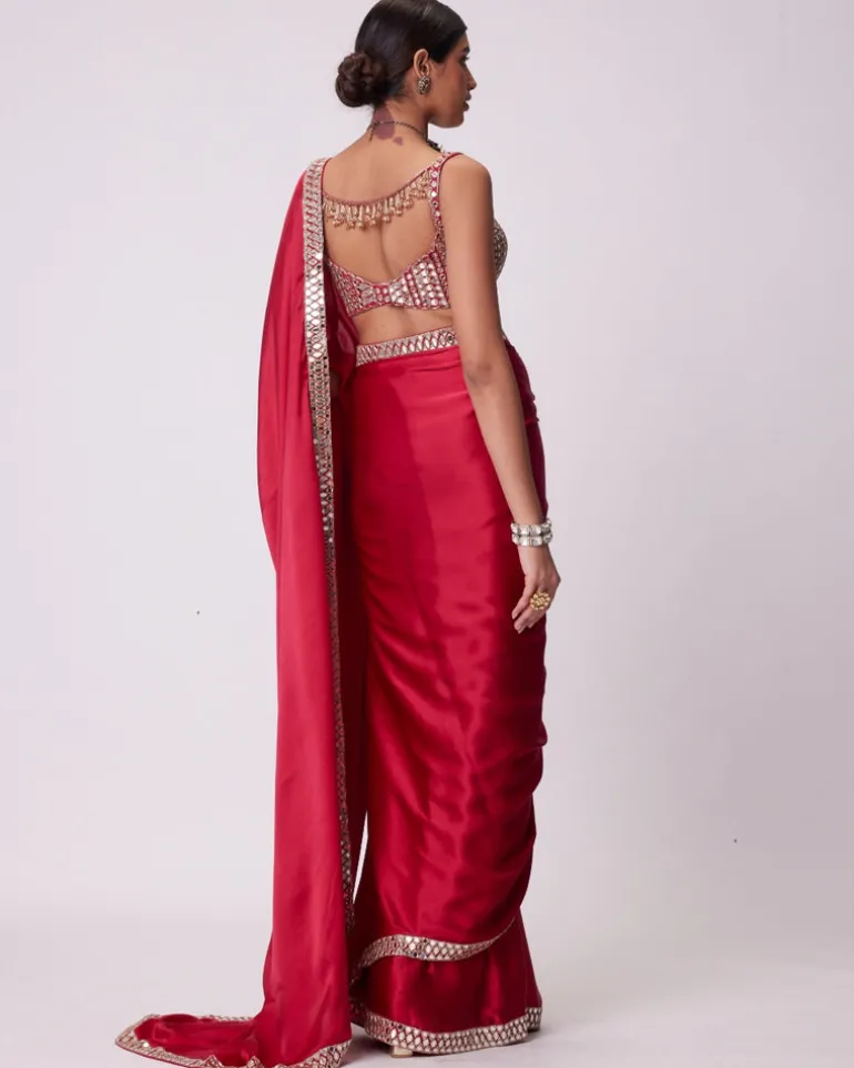 Crimson Red Satin Sari Set